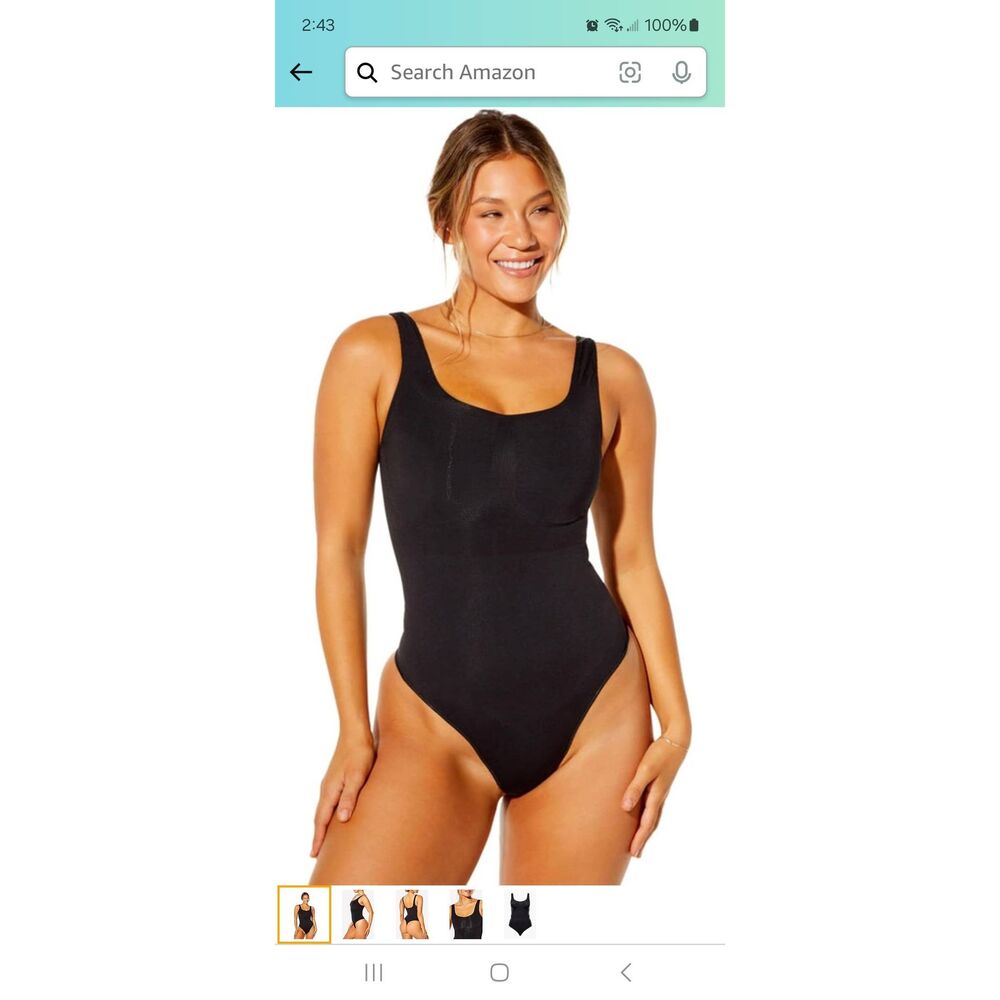 New Medium Large Fabletics Black Nearly Naked Shaping Thong Bodysuit Shapewear